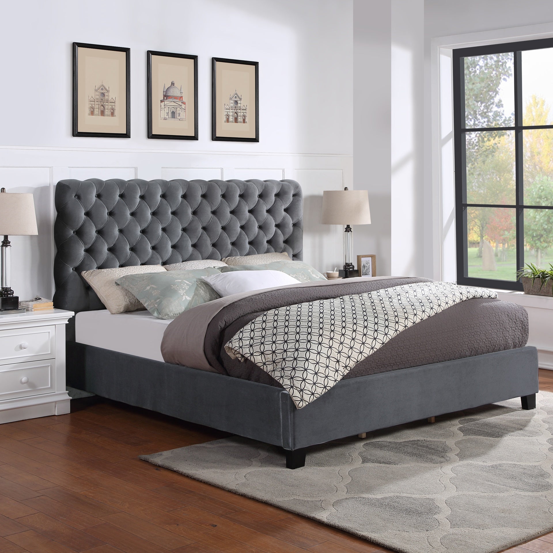 Roundhill Furniture Apoera Velvet Upholstered Button Tufted Bed, Queen, Gray