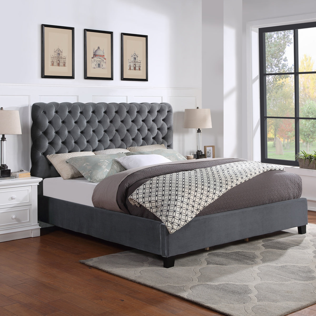 Roundhill Furniture Apoera Velvet Upholstered Button Tufted Bed, Queen, Gray