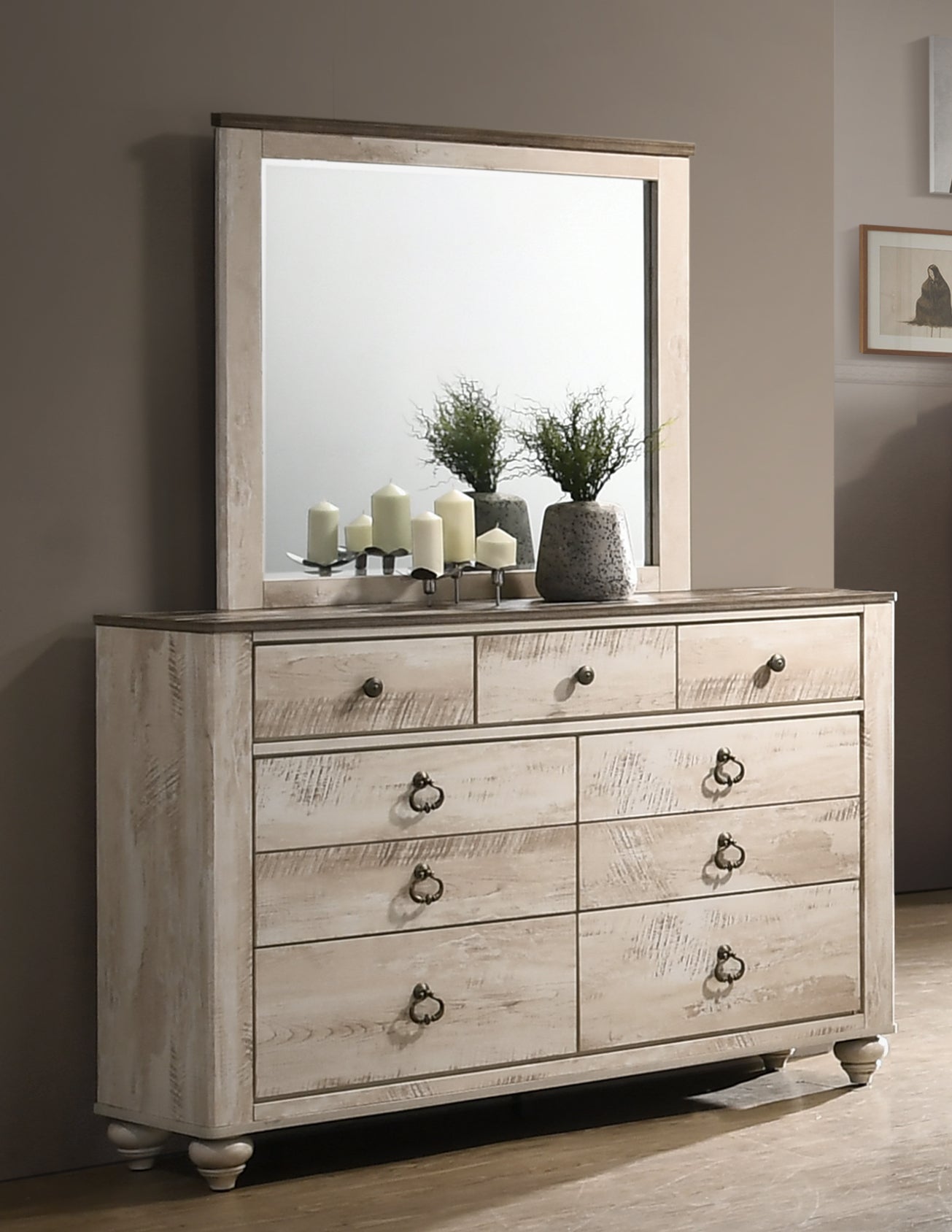 Imerland Contemporary White Wash Finish Bedroom Set with King Sleigh Bed, Dresser, Mirror, Two Nightstands, Chest