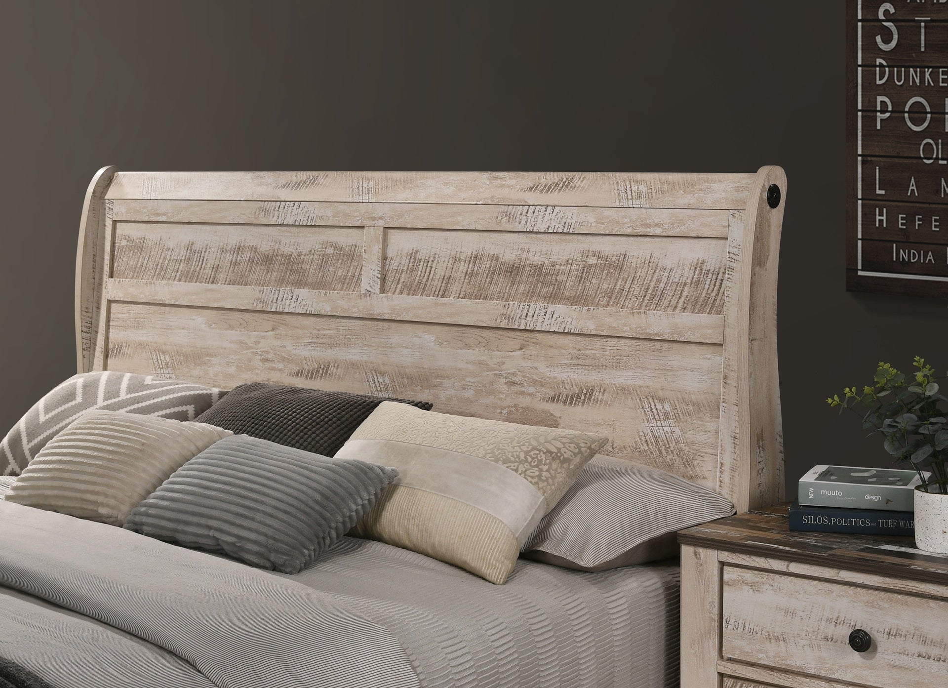 Imerland Contemporary White Wash Finish Bedroom Set with King Sleigh Bed, Dresser, Mirror, Two Nightstands, Chest