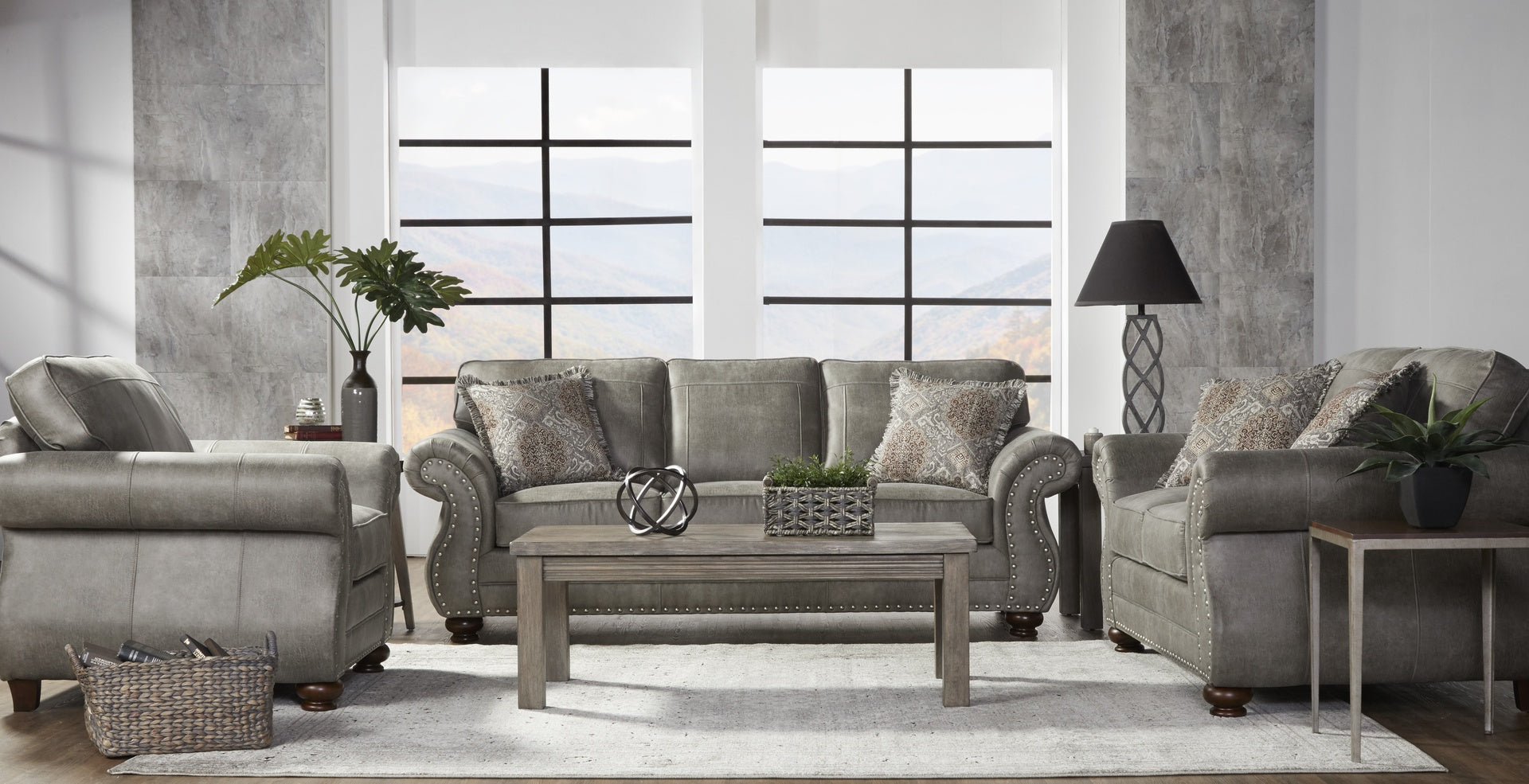Leinster Faux Leather Upholstered Nailhead Sofa, Loveseat, and Chair Set