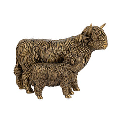 7.5x4.5x5.5" Lifelike Polyresin Highland Cow and Calf Statue with Rich Bronze Finish