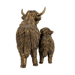 7.5x4.5x5.5" Lifelike Polyresin Highland Cow and Calf Statue with Rich Bronze Finish