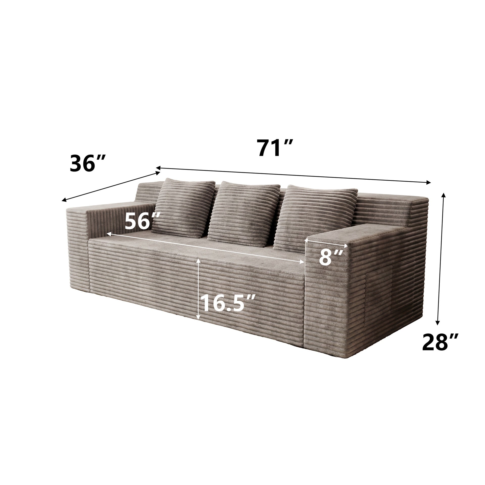 71" 3Setaser Sofa,Corduroy Fabric,Deep Seat Couches,Comfy Loveseat Sofa,No Assembly,1pcs for Living room, Bedroom,Conference room ,Apartment