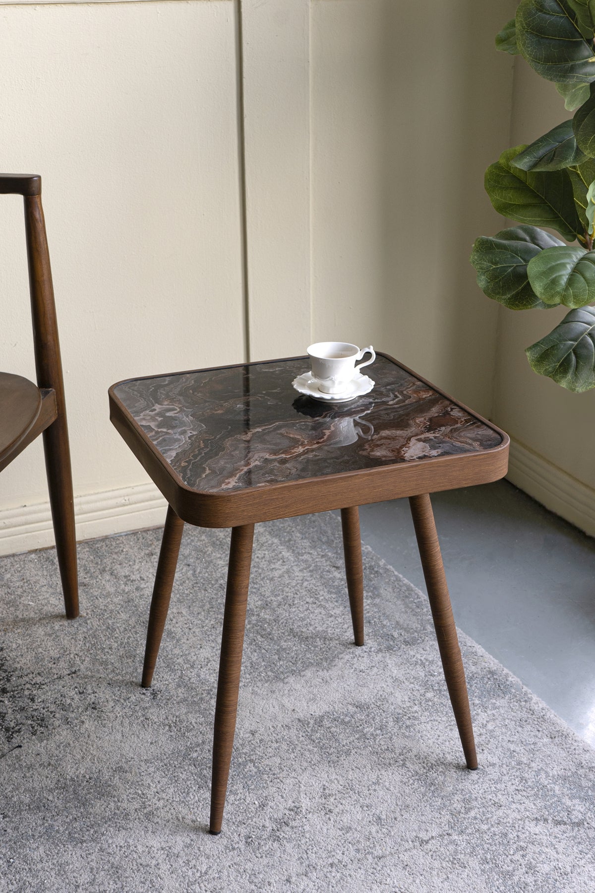 17.3x17.3x18" Square Side Table with Glass Top, Marbled Design, and Gold Iron Legs