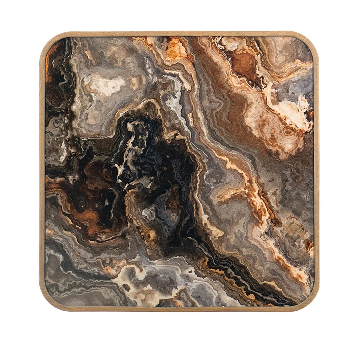 17.3x17.3x18" Square Side Table with Glass Top, Marbled Design, and Gold Iron Legs