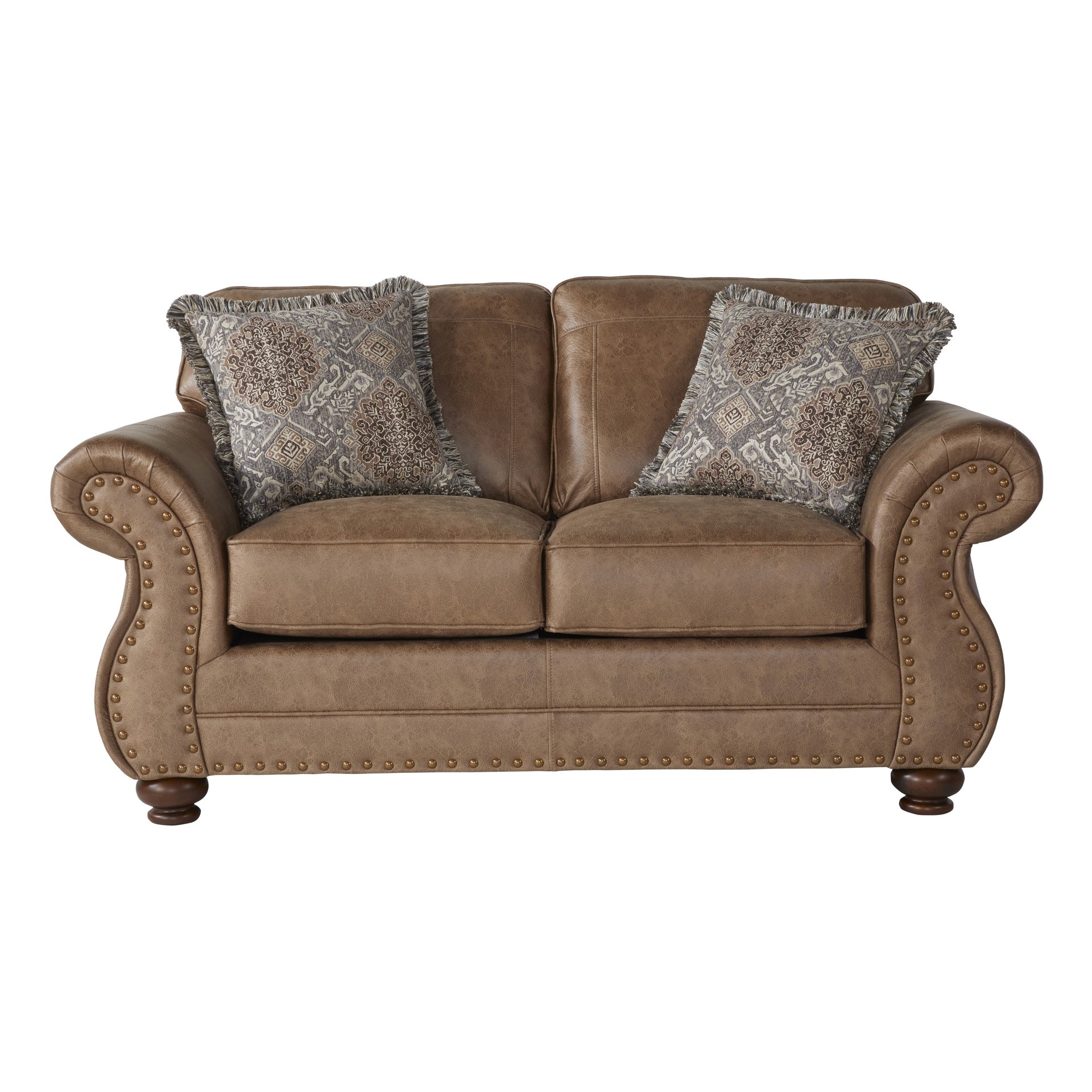 Leinster Fabric Loveseat with Antique Bronze Nailheads in Jetson Ginger