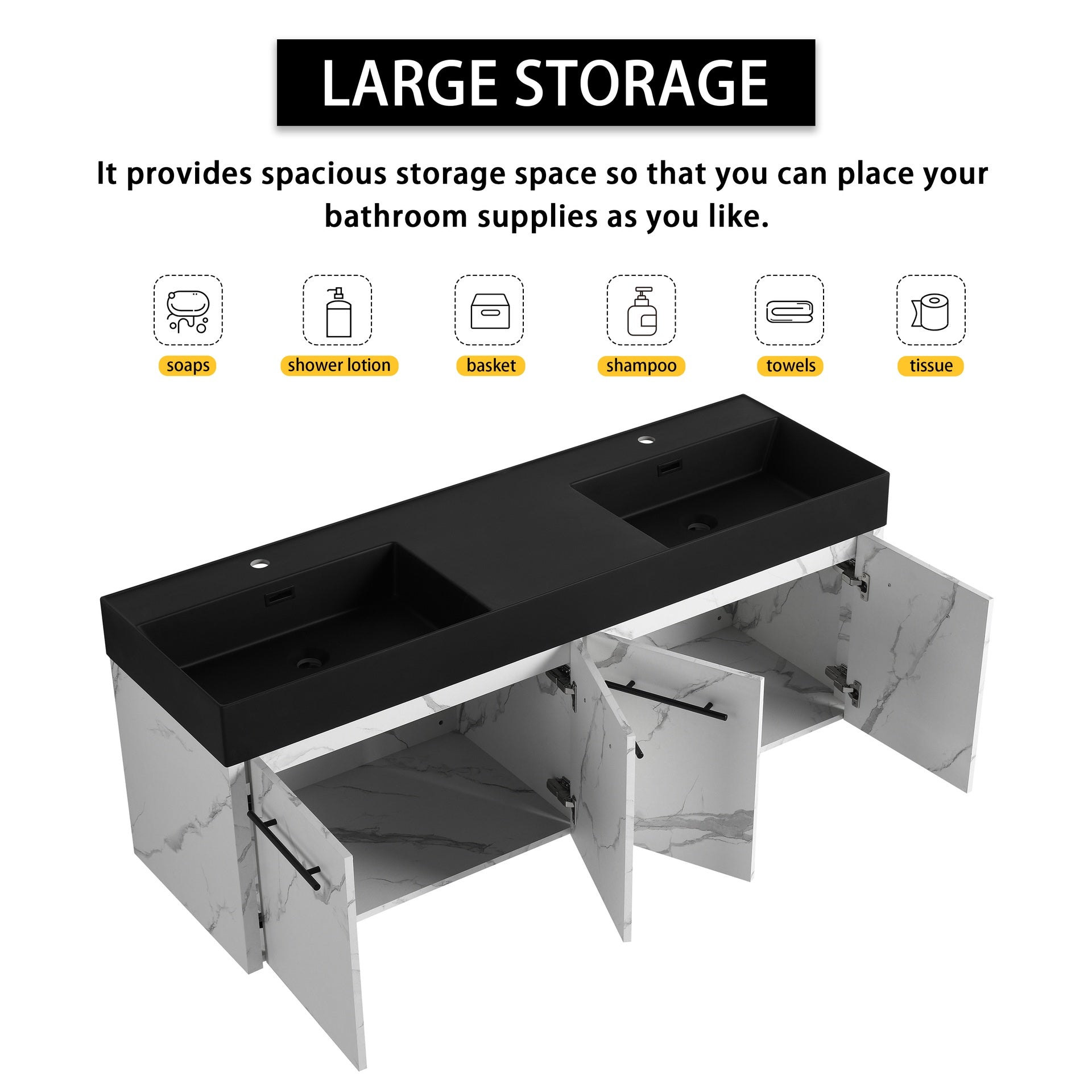 60 Inch Wall-Mounted Bathroom Vanity with Sink, Thick Edged Double Black Resin Sink, KD-Package