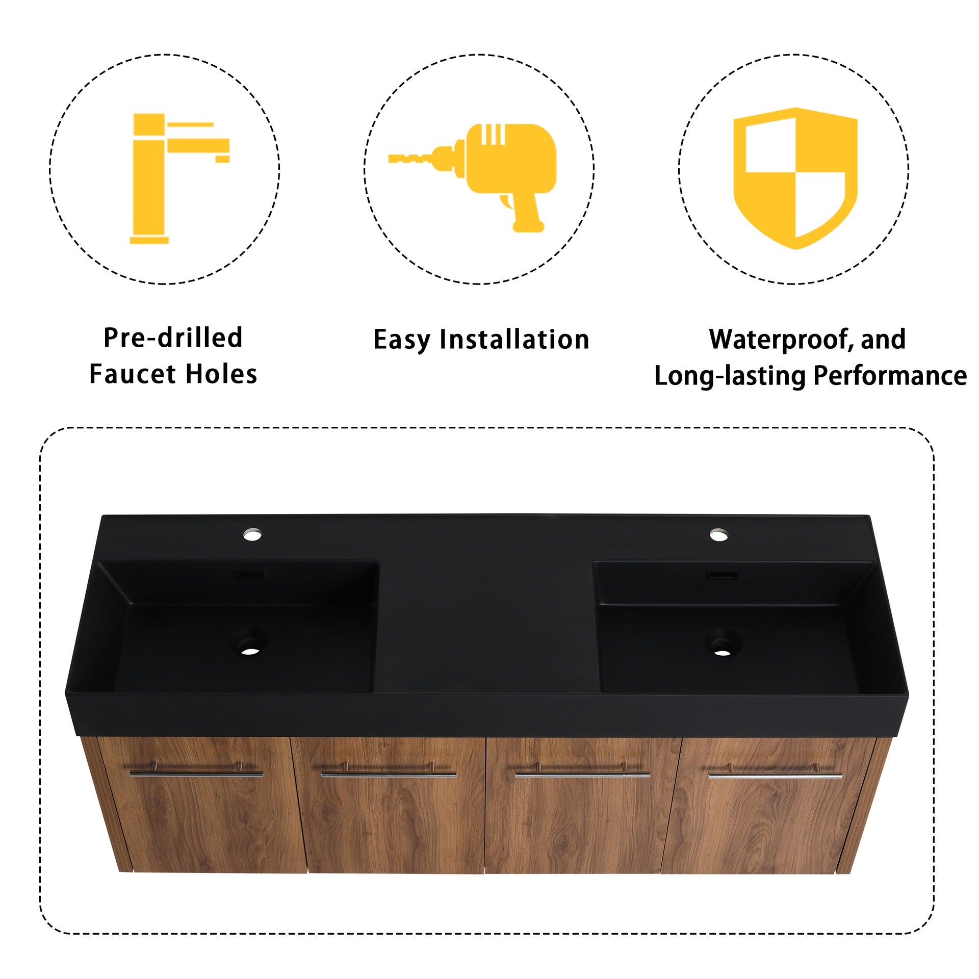 60 Inch Wall-Mounted Bathroom Vanity with Sink, Thick Edged Double Black Resin Sink, KD-Package