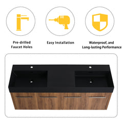 60 Inch Wall-Mounted Bathroom Vanity with Sink, Thick Edged Double Black Resin Sink, KD-Package