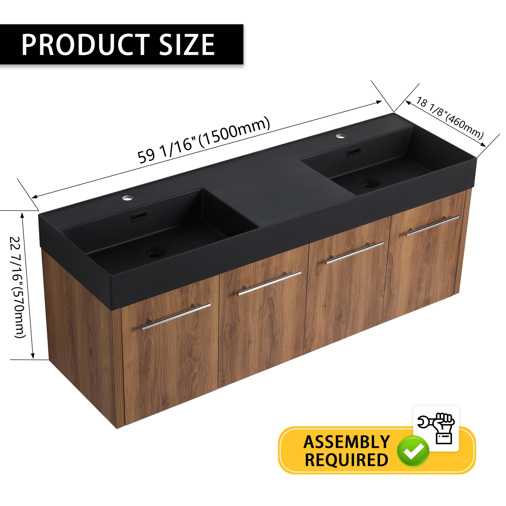 60 Inch Wall-Mounted Bathroom Vanity with Sink, Thick Edged Double Black Resin Sink, KD-Package