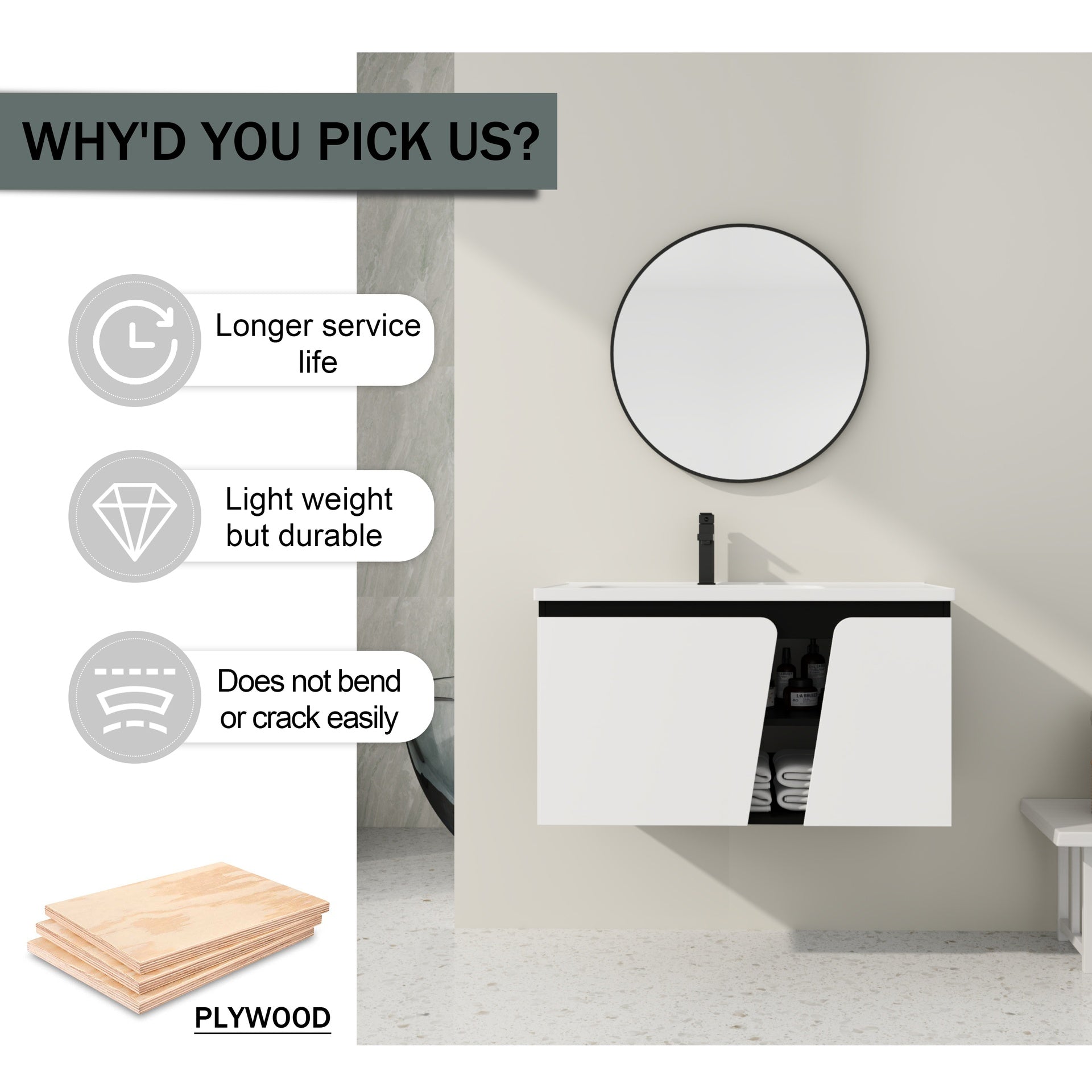 36'' Floating Wall-Mounted Bathroom Vanity With Ceramic Basin & Soft-Close Cabinet Door