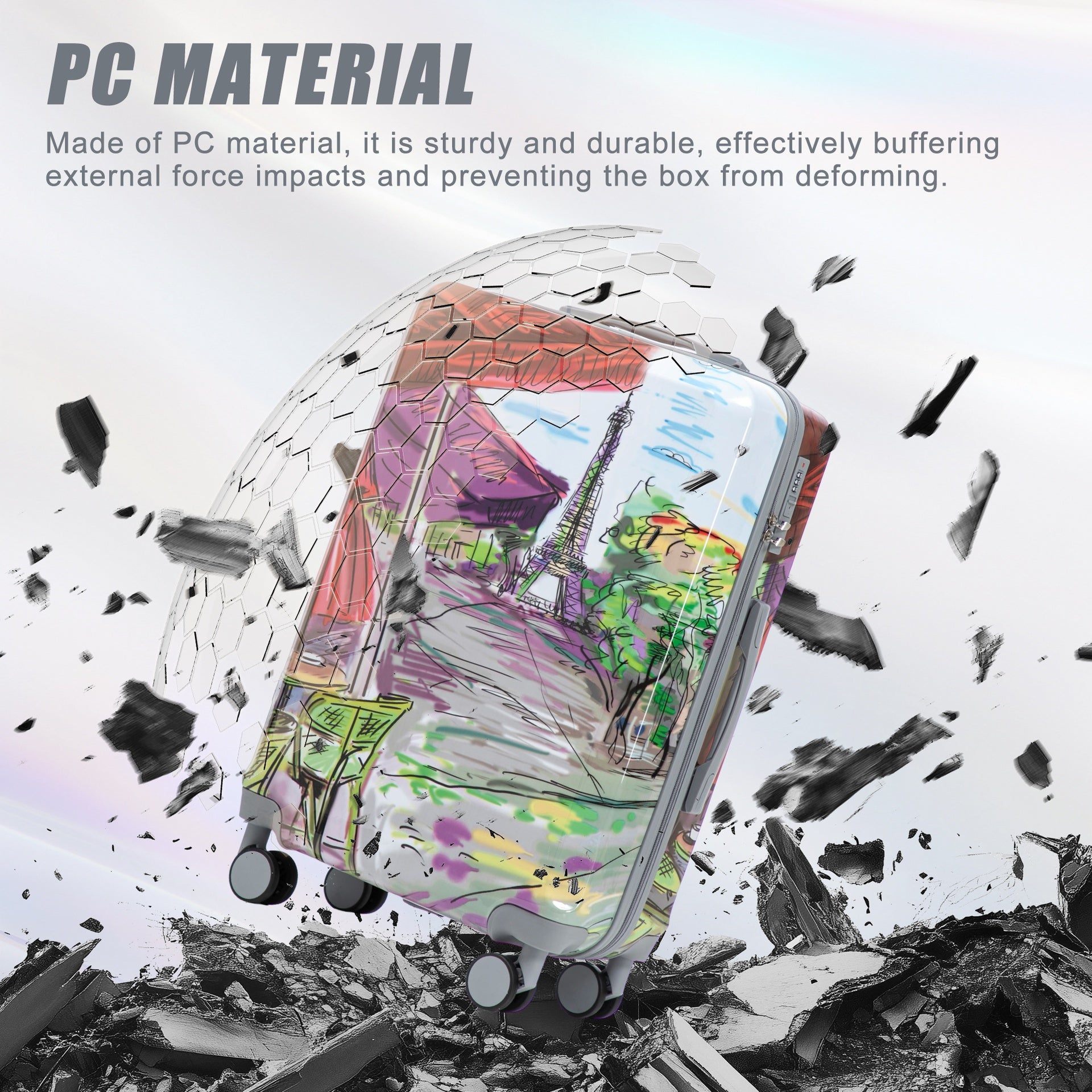 20"/24"/28" 3 pcs/set in PC Spinner Wheel Luggage, Carry on Suitcase, With Printed pattern and Combination Lock (Coffee+Iron Tower)