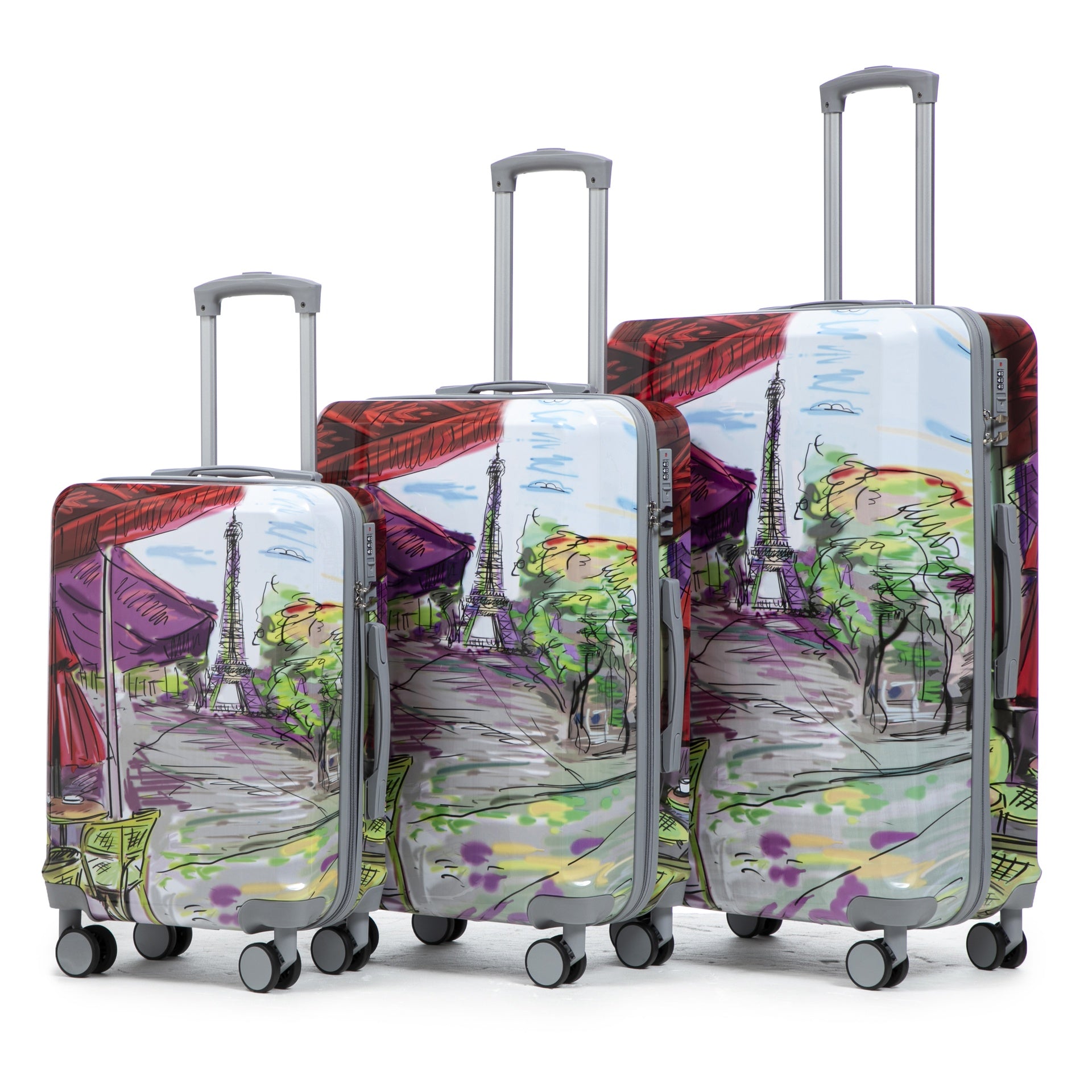 20"/24"/28" 3 pcs/set in PC Spinner Wheel Luggage, Carry on Suitcase, With Printed pattern and Combination Lock (Coffee+Iron Tower)