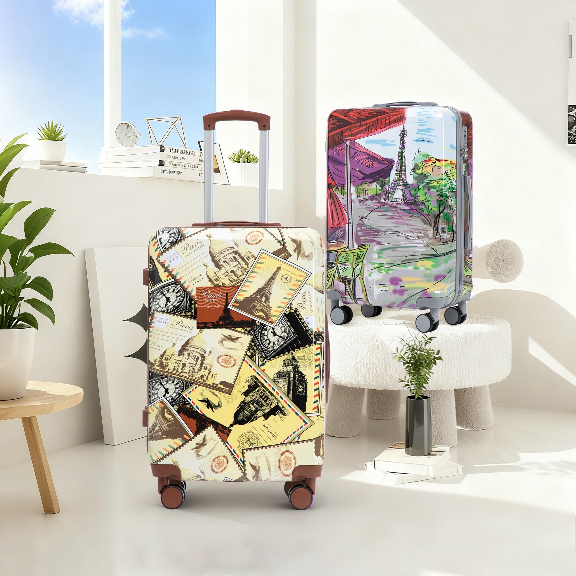 20"/24"/28" 3 pcs/set in PC Spinner Wheel Luggage, Carry on Suitcase, With Printed pattern and Combination Lock (Coffee+Iron Tower)