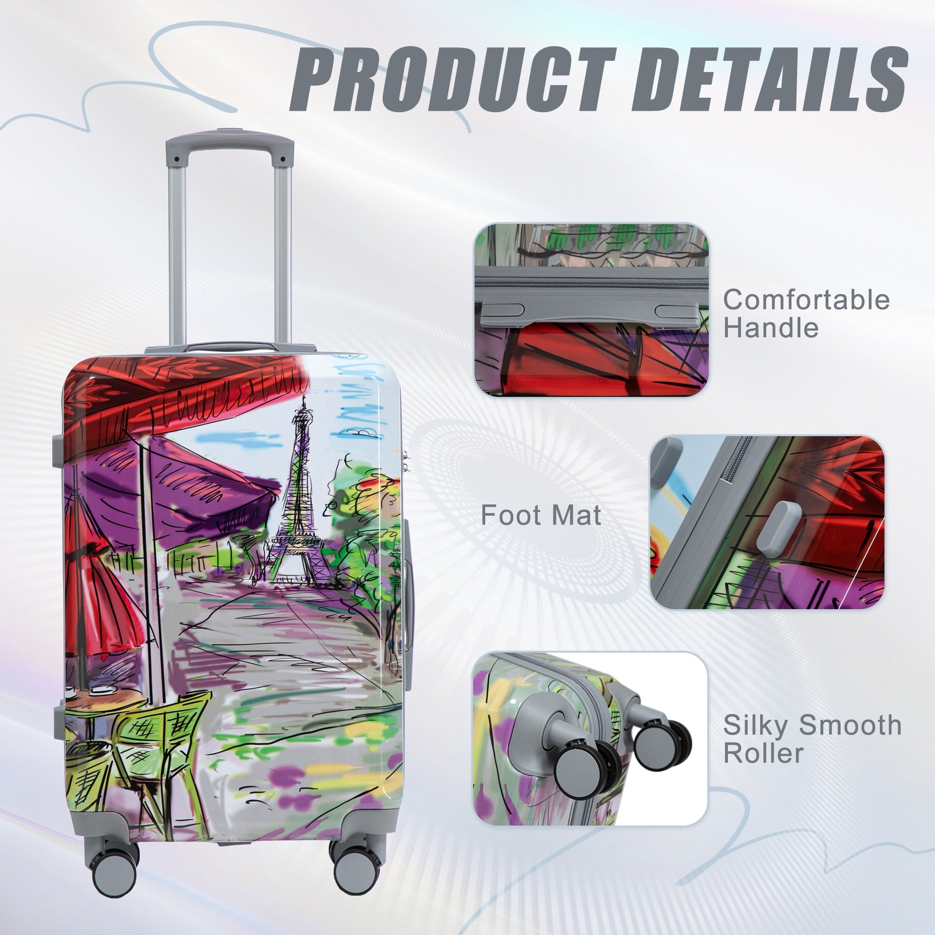 20"/24"/28" 3 pcs/set in PC Spinner Wheel Luggage, Carry on Suitcase, With Printed pattern and Combination Lock (Coffee+Iron Tower)