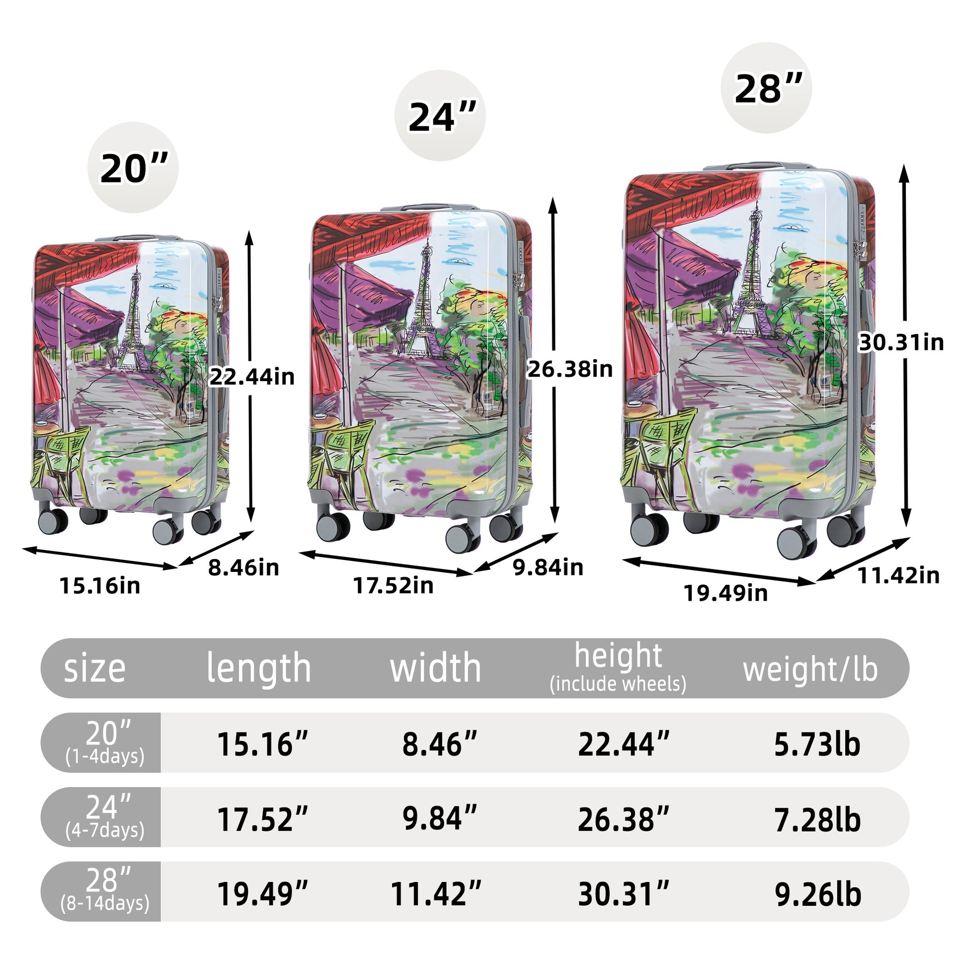 20"/24"/28" 3 pcs/set in PC Spinner Wheel Luggage, Carry on Suitcase, With Printed pattern and Combination Lock (Coffee+Iron Tower)