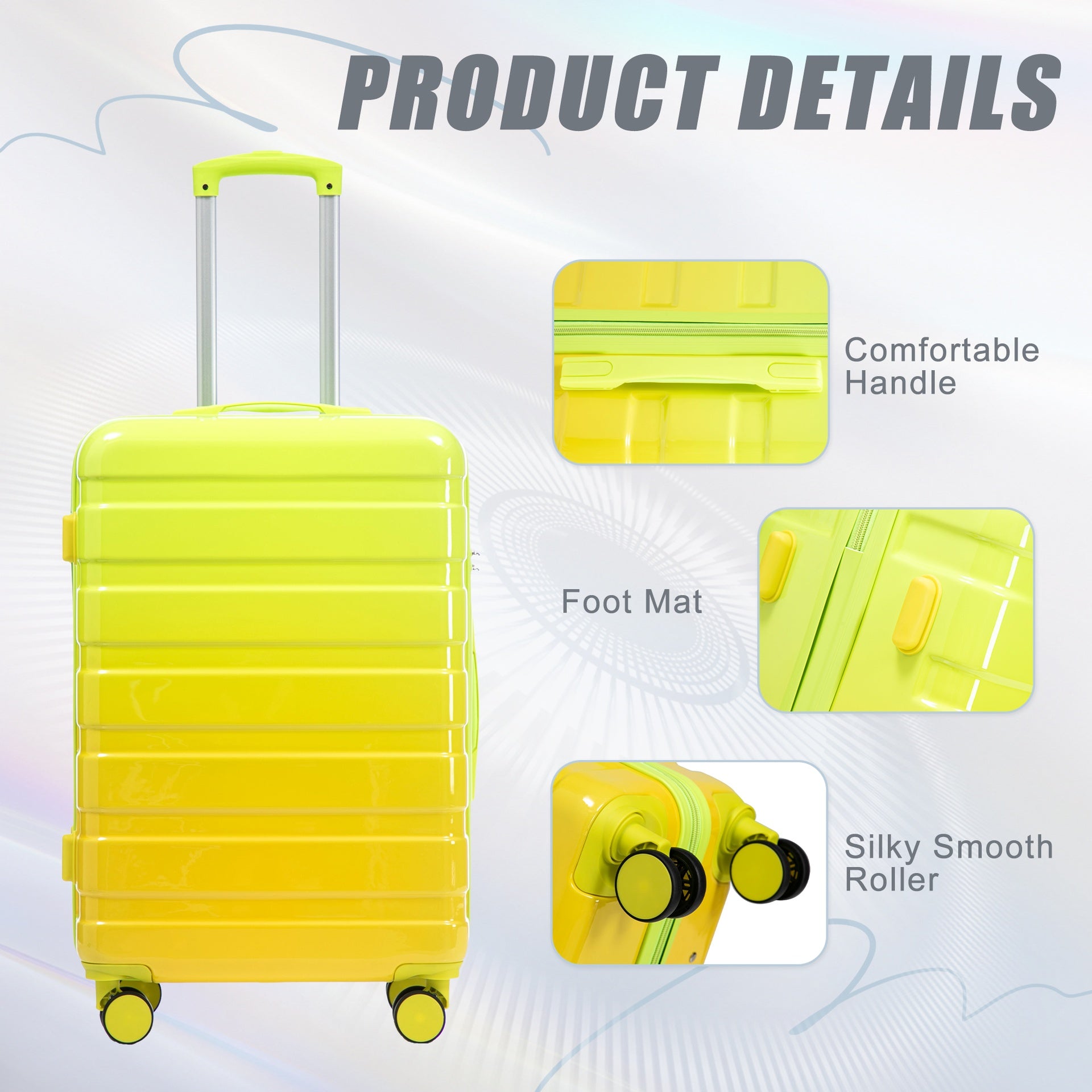 20"/24"/28" 3 pcs/set in PC Spinner Wheel Luggage, Carry on Suitcase, With Gradient Color and Combination Lock(Yellow+Green)