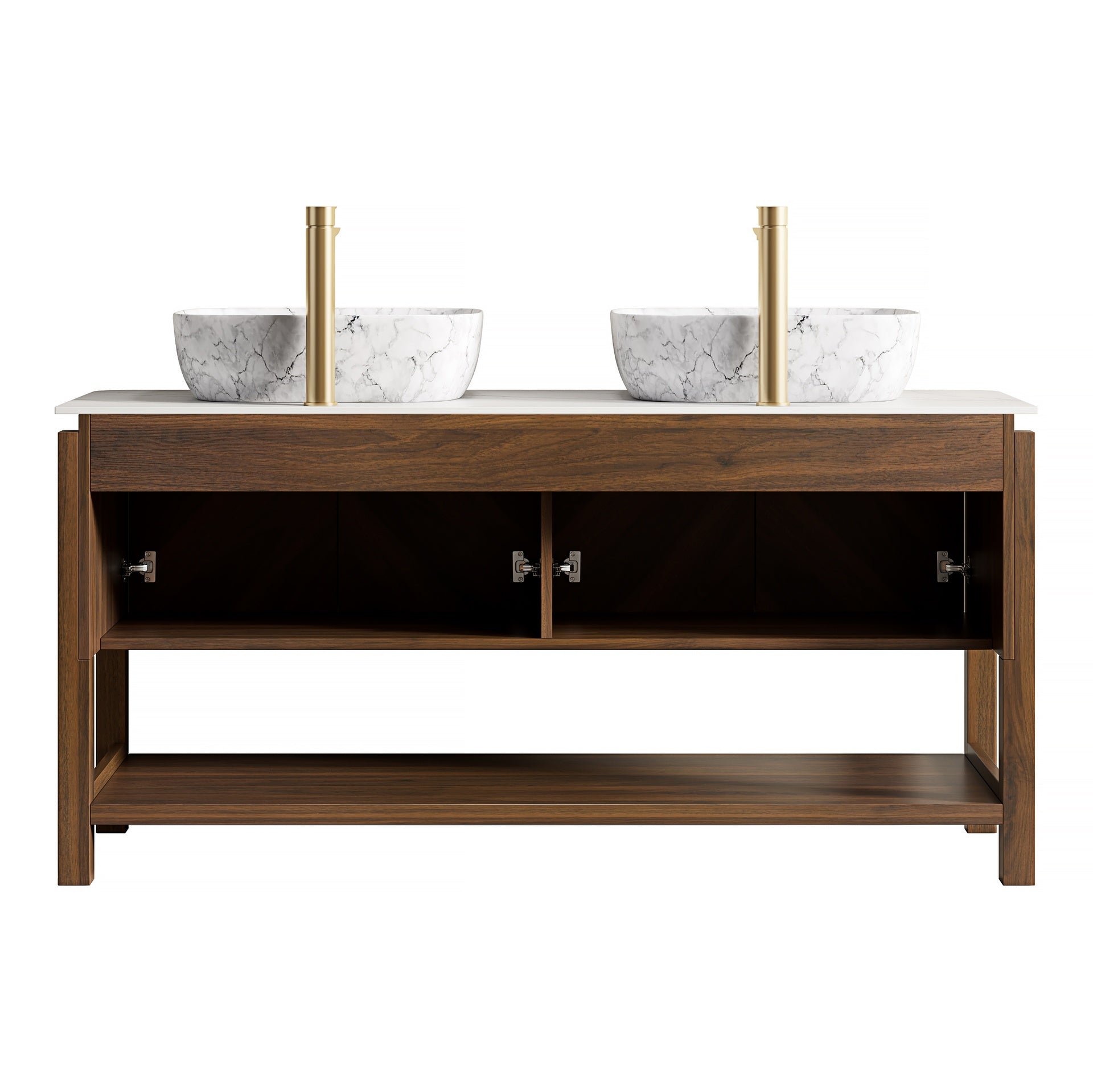 INDIGO 60" Bathroom Vanity&Sinks, Freestanding Plywood Storage Cabinet with 4 Diagonal Striped Doors&Open Shelf, 2 Marble Pattern Ceramic Basins&Carrara White Sintered Stone Top, Dark Walnut Woodgrain