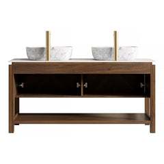 INDIGO 60" Bathroom Vanity&Sinks, Freestanding Plywood Storage Cabinet with 4 Diagonal Striped Doors&Open Shelf, 2 Marble Pattern Ceramic Basins&Carrara White Sintered Stone Top, Dark Walnut Woodgrain