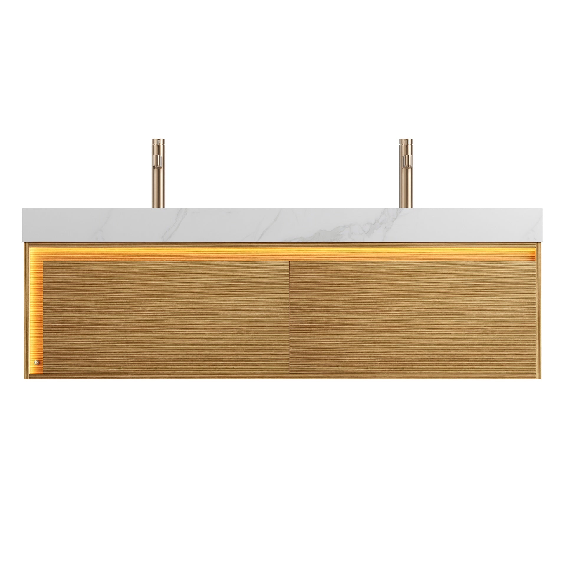 NYAH 60'' Bathroom Vanity&Sinks, Floating Ultra-Slim Grille Plywood Storage Cabinet, Drawers&Sensor Light, Carrara White Sintered Stone Top&2 Ceramic Undermount Basins, Pre-assembled, Light Woodgrain