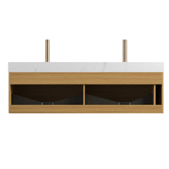 NYAH 60'' Bathroom Vanity&Sinks, Floating Ultra-Slim Grille Plywood Storage Cabinet, Drawers&Sensor Light, Carrara White Sintered Stone Top&2 Ceramic Undermount Basins, Pre-assembled, Light Woodgrain