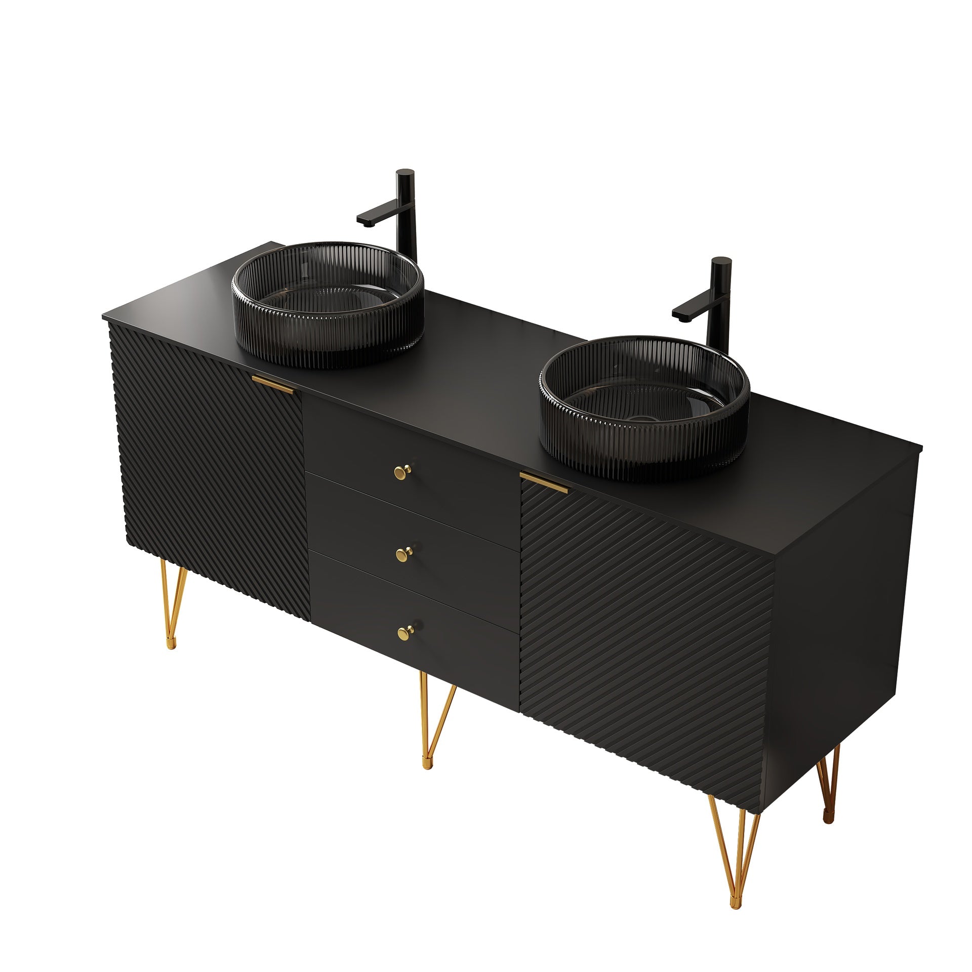 GEMA 60" Bathroom Vanity & Sink, Freestanding Plywood Storage Cabinet with 4 Gold Legs, 3 Drawers and 2 Doors, 2 Transparent Black Round Glass Basins & Black Sintered Stone Top, Pre-assembled, Black