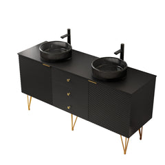 GEMA 60" Bathroom Vanity & Sink, Freestanding Plywood Storage Cabinet with 4 Gold Legs, 3 Drawers and 2 Doors, 2 Transparent Black Round Glass Basins & Black Sintered Stone Top, Pre-assembled, Black