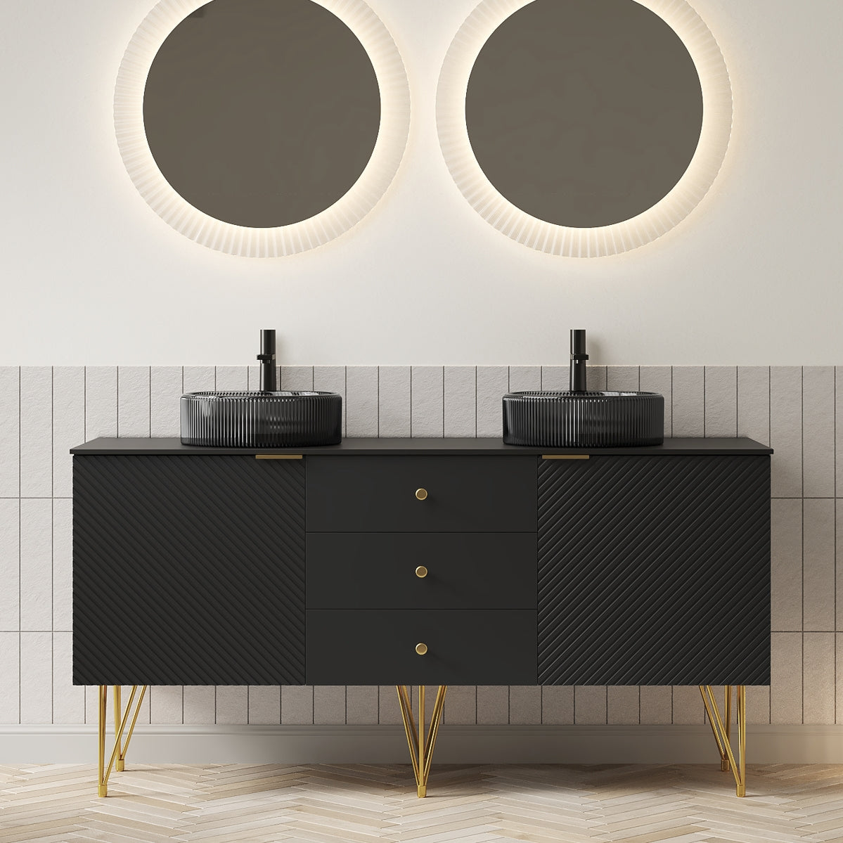 GEMA 60" Bathroom Vanity & Sink, Freestanding Plywood Storage Cabinet with 4 Gold Legs, 3 Drawers and 2 Doors, 2 Transparent Black Round Glass Basins & Black Sintered Stone Top, Pre-assembled, Black