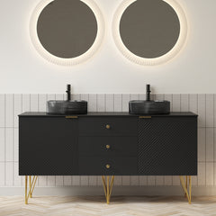 GEMA 60" Bathroom Vanity & Sink, Freestanding Plywood Storage Cabinet with 4 Gold Legs, 3 Drawers and 2 Doors, 2 Transparent Black Round Glass Basins & Black Sintered Stone Top, Pre-assembled, Black