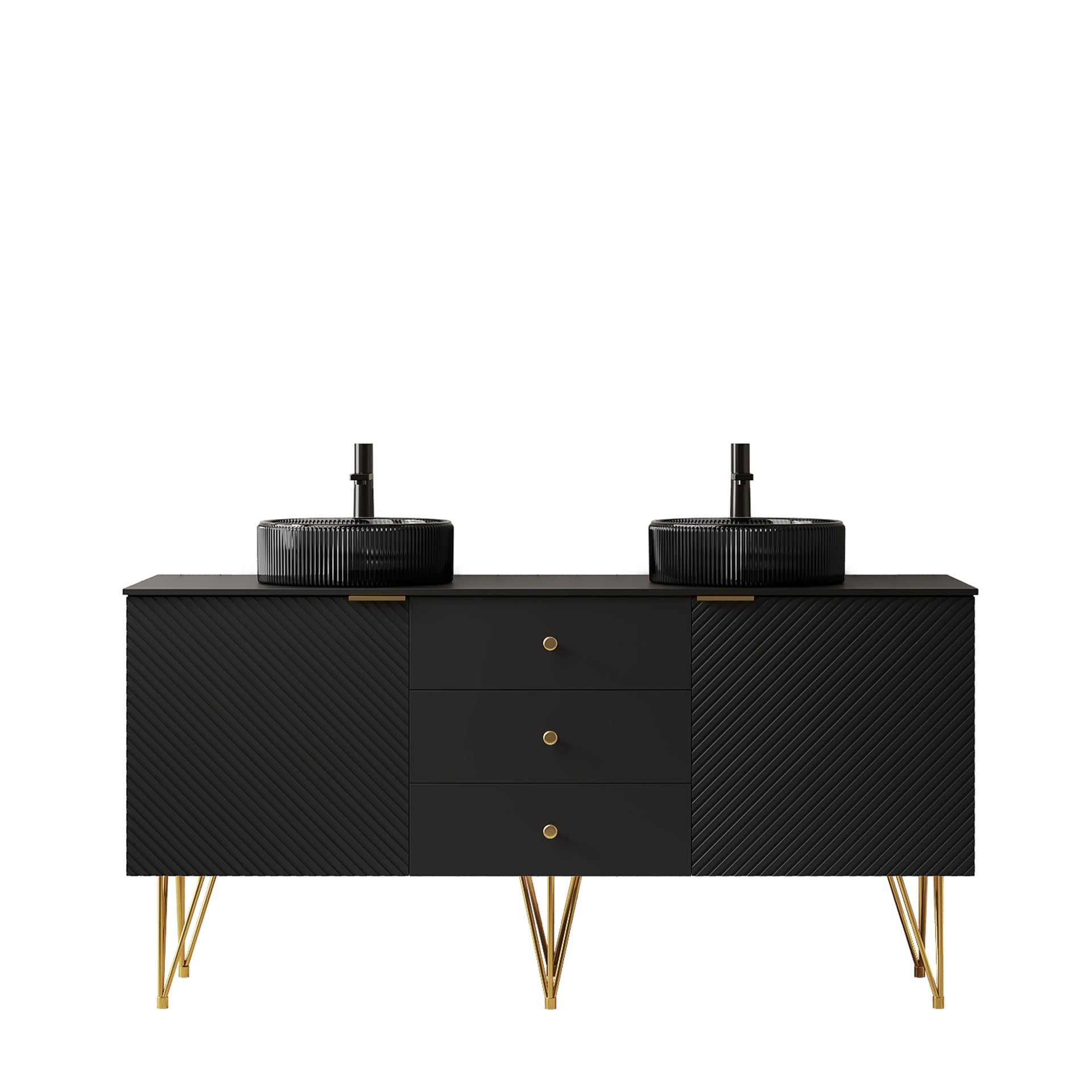 GEMA 60" Bathroom Vanity & Sink, Freestanding Plywood Storage Cabinet with 4 Gold Legs, 3 Drawers and 2 Doors, 2 Transparent Black Round Glass Basins & Black Sintered Stone Top, Pre-assembled, Black