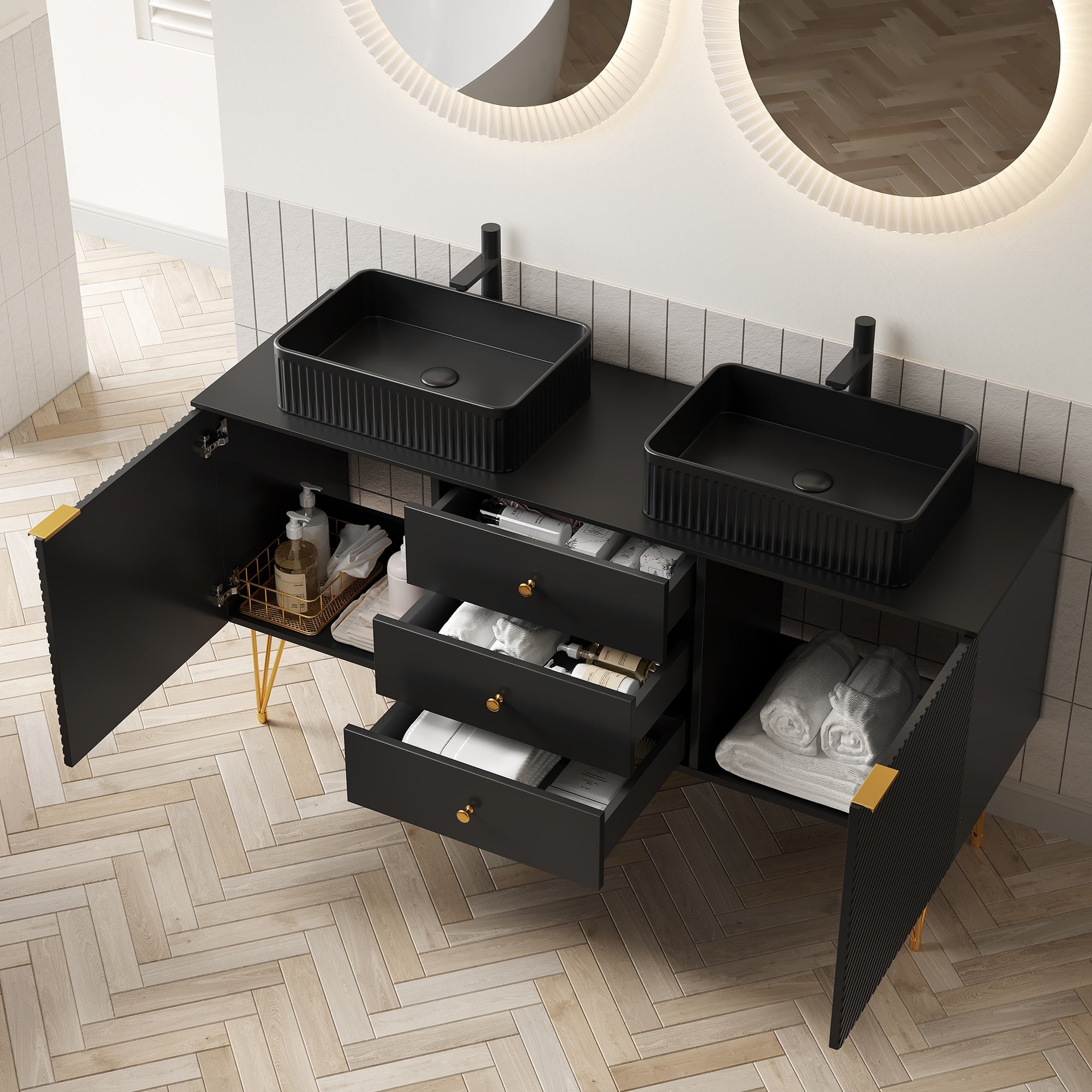 GEMA 60" Bathroom Vanity with Sinks, Freestanding Plywood Storage Cabinet with 4 Gold Legs, 3 Drawers and 2 Doors, 2 Black Cermaic Vessel Basins & Black Sintered Stone Top, Pre-assembled, Black
