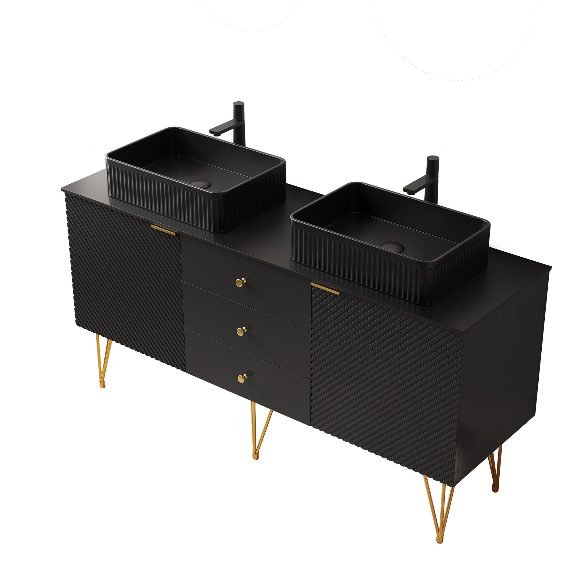 GEMA 60" Bathroom Vanity with Sinks, Freestanding Plywood Storage Cabinet with 4 Gold Legs, 3 Drawers and 2 Doors, 2 Black Cermaic Vessel Basins & Black Sintered Stone Top, Pre-assembled, Black