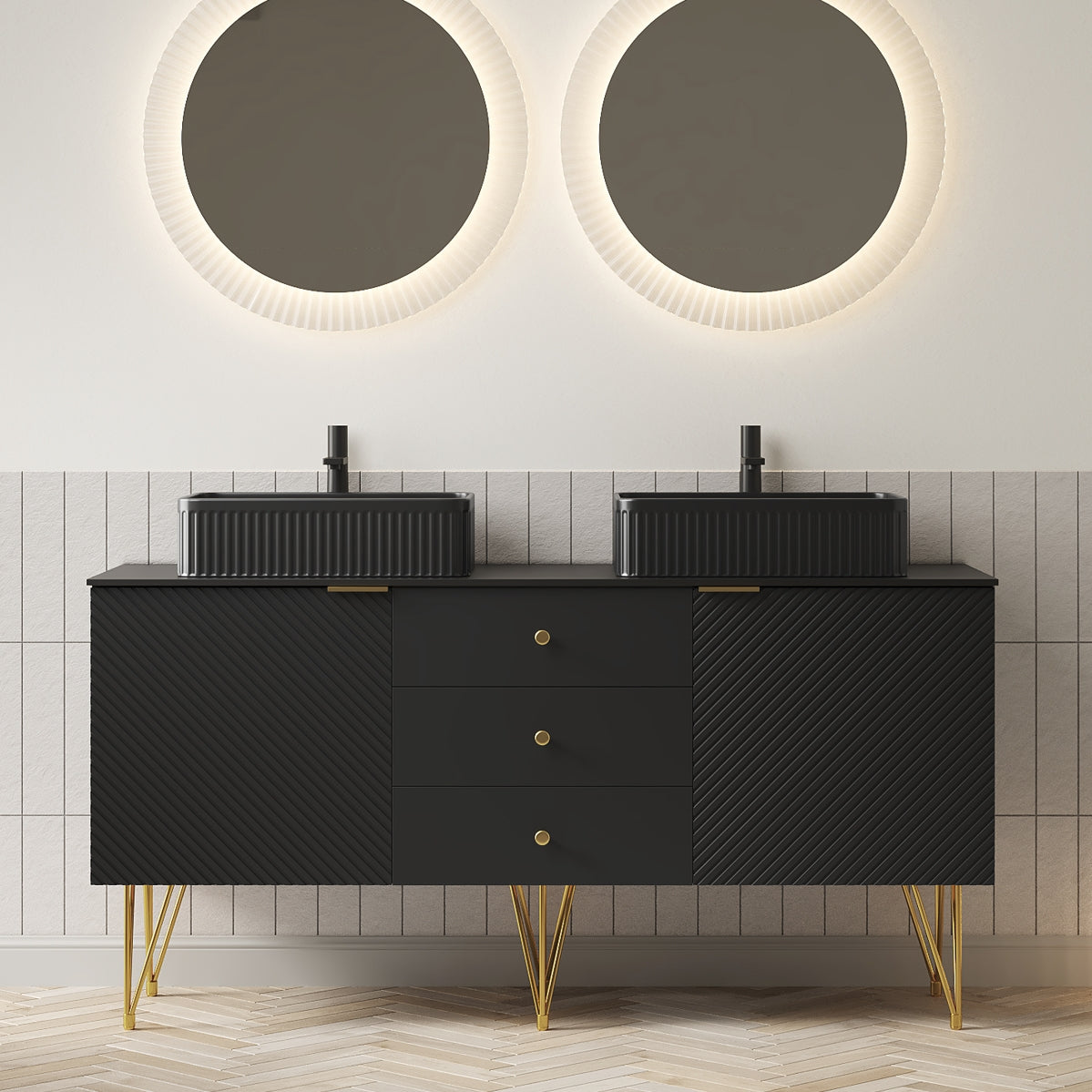 GEMA 60" Bathroom Vanity with Sinks, Freestanding Plywood Storage Cabinet with 4 Gold Legs, 3 Drawers and 2 Doors, 2 Black Cermaic Vessel Basins & Black Sintered Stone Top, Pre-assembled, Black