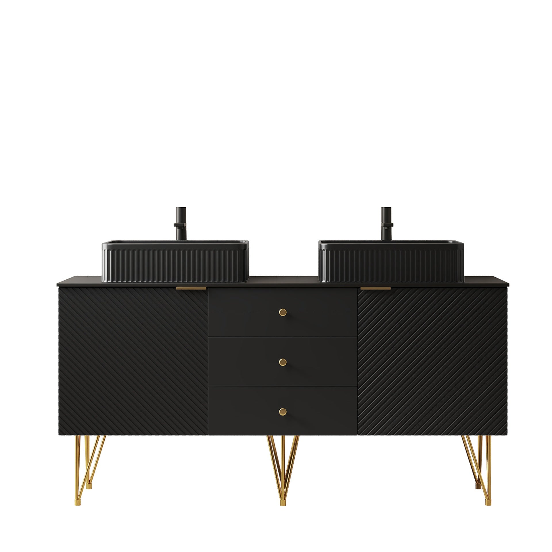 GEMA 60" Bathroom Vanity with Sinks, Freestanding Plywood Storage Cabinet with 4 Gold Legs, 3 Drawers and 2 Doors, 2 Black Cermaic Vessel Basins & Black Sintered Stone Top, Pre-assembled, Black