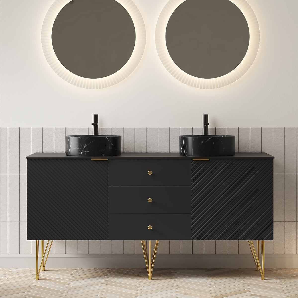 GEMA 60" Bathroom Vanity&Sinks, Freestanding Plywood Storage Cabinet with 4 Gold Legs, 3 Drawers and 2 Doors, 2 Black Stone Pattern Bowl Ceramic Vessel Basins&Sintered Stone Top, Pre-assembled, Black