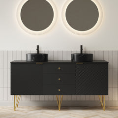 GEMA 60" Bathroom Vanity&Sinks, Freestanding Plywood Storage Cabinet with 4 Gold Legs, 3 Drawers and 2 Doors, 2 Black Stone Pattern Bowl Ceramic Vessel Basins&Sintered Stone Top, Pre-assembled, Black