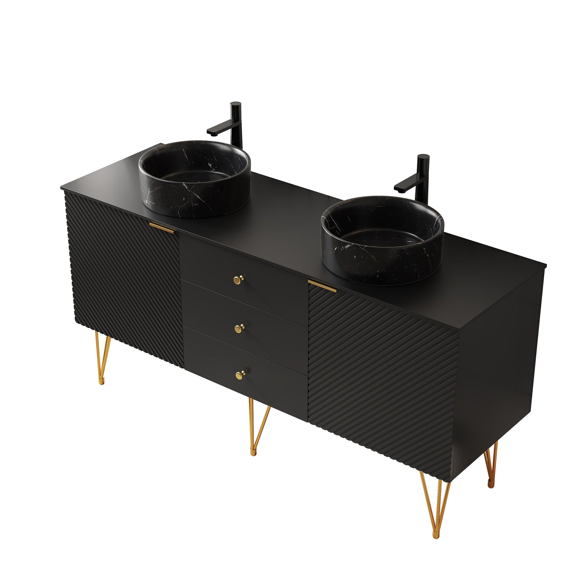 GEMA 60" Bathroom Vanity&Sinks, Freestanding Plywood Storage Cabinet with 4 Gold Legs, 3 Drawers and 2 Doors, 2 Black Stone Pattern Bowl Ceramic Vessel Basins&Sintered Stone Top, Pre-assembled, Black