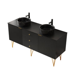 GEMA 60" Bathroom Vanity&Sinks, Freestanding Plywood Storage Cabinet with 4 Gold Legs, 3 Drawers and 2 Doors, 2 Black Stone Pattern Bowl Ceramic Vessel Basins&Sintered Stone Top, Pre-assembled, Black