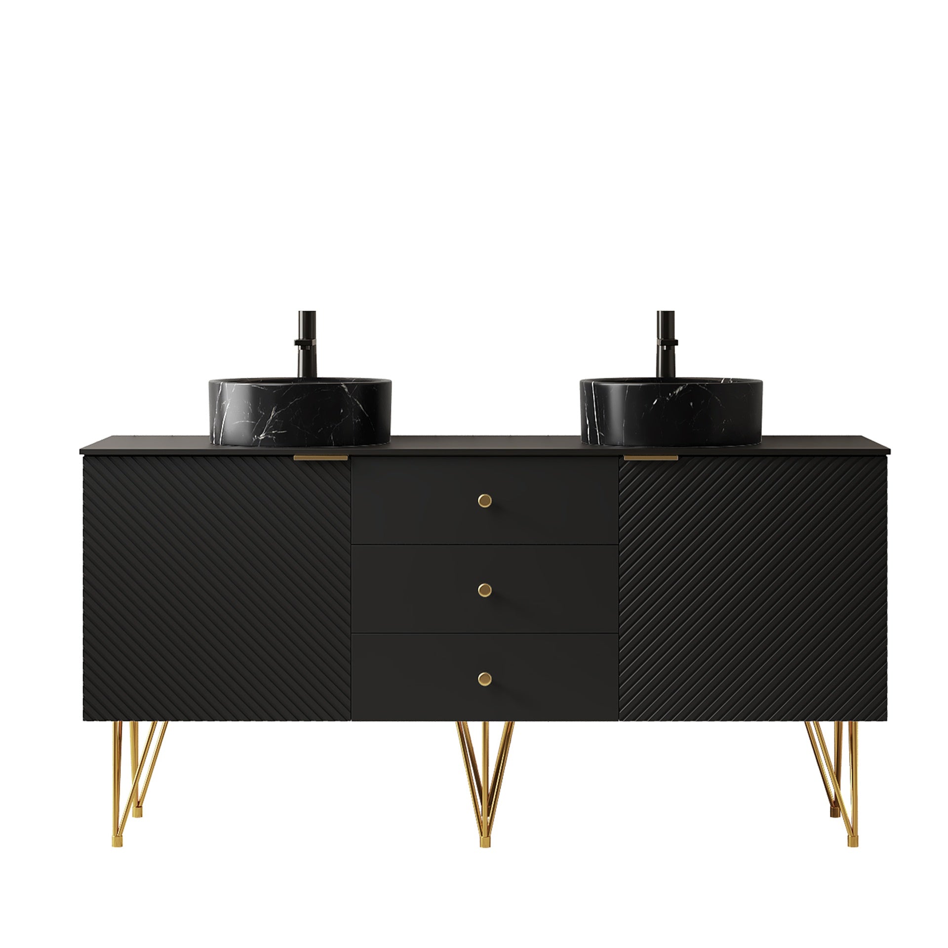 GEMA 60" Bathroom Vanity&Sinks, Freestanding Plywood Storage Cabinet with 4 Gold Legs, 3 Drawers and 2 Doors, 2 Black Stone Pattern Bowl Ceramic Vessel Basins&Sintered Stone Top, Pre-assembled, Black