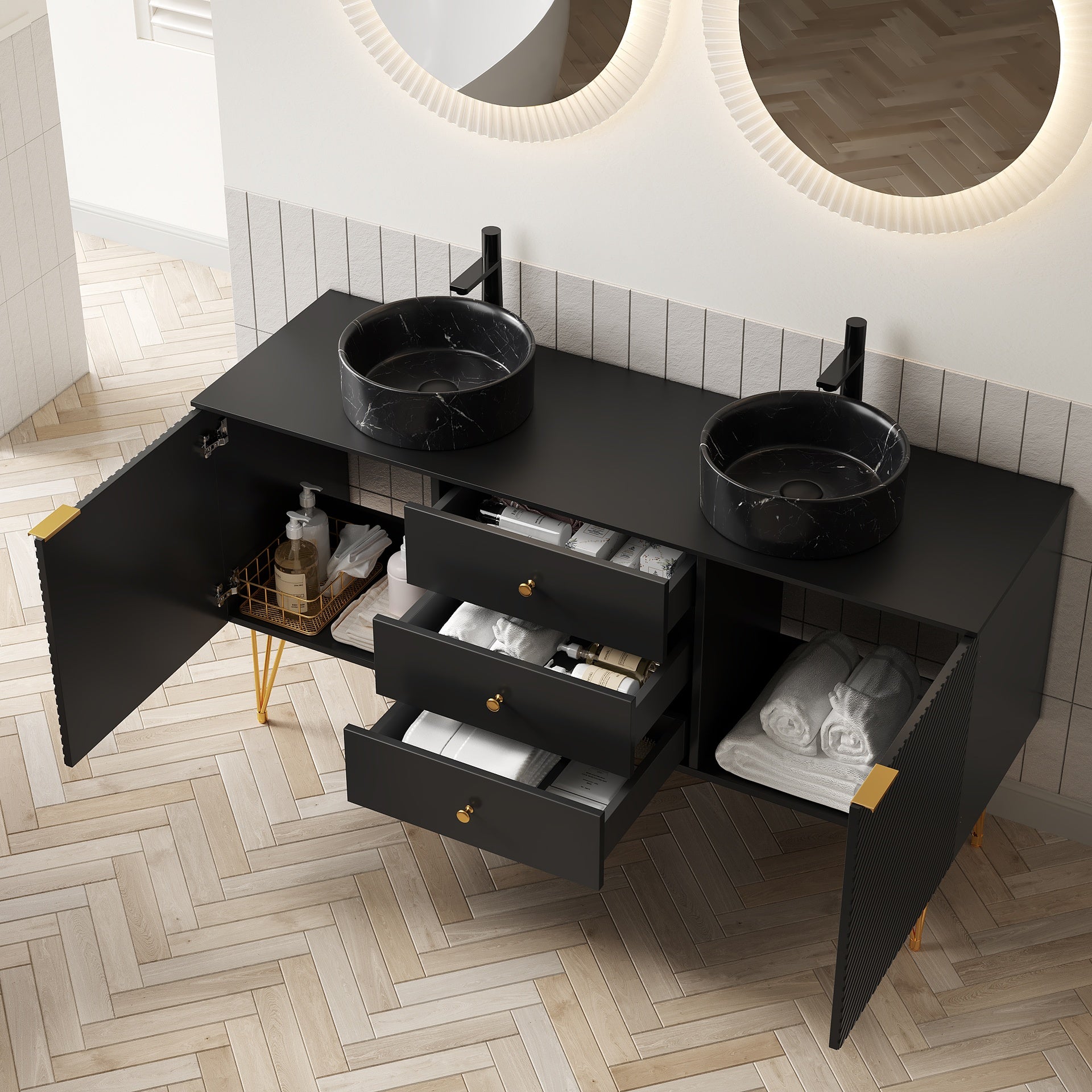 GEMA 60" Bathroom Vanity&Sinks, Freestanding Plywood Storage Cabinet with 4 Gold Legs, 3 Drawers and 2 Doors, 2 Black Stone Pattern Bowl Ceramic Vessel Basins&Sintered Stone Top, Pre-assembled, Black