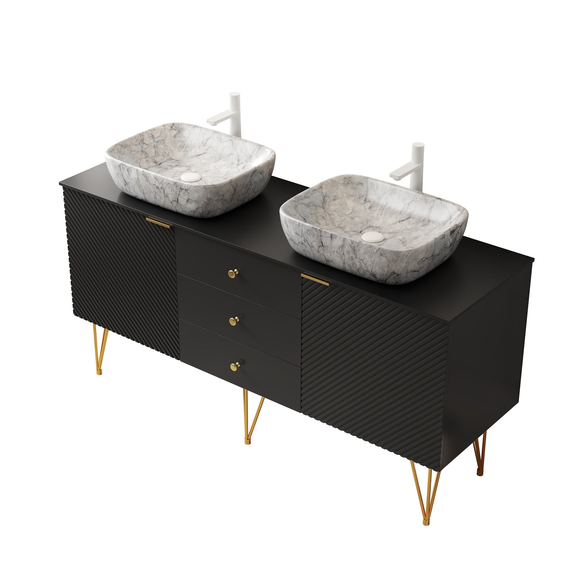 GEMA 60" Bathroom Vanity with Sinks, Freestanding Plywood Storage Cabinet with Gold Legs, 3 Drawers and 2 Doors, 2 White Marble Pattern Ceramic Vessel Basins & Sintered Stone Top, Pre-assembled, Black