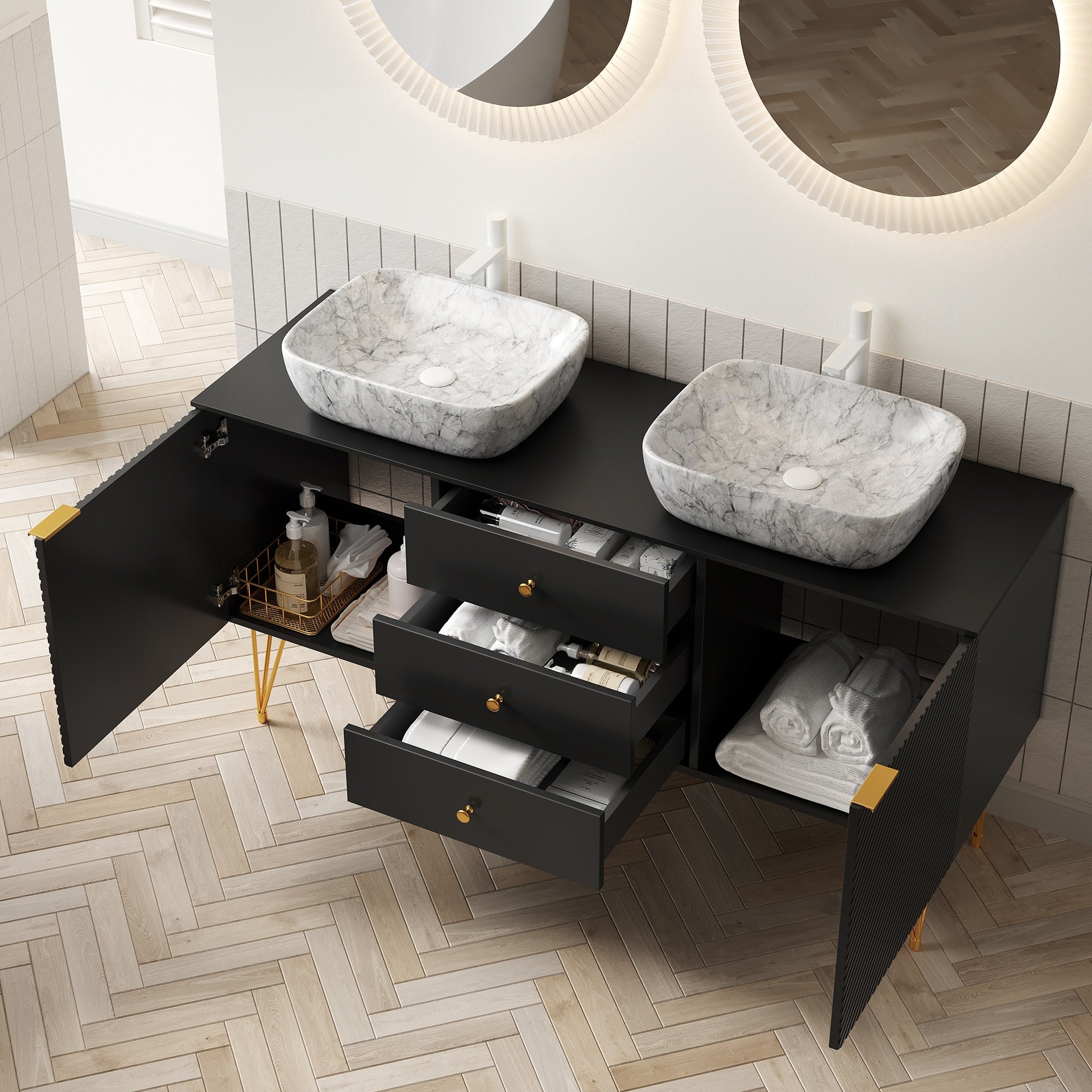 GEMA 60" Bathroom Vanity with Sinks, Freestanding Plywood Storage Cabinet with Gold Legs, 3 Drawers and 2 Doors, 2 White Marble Pattern Ceramic Vessel Basins & Sintered Stone Top, Pre-assembled, Black