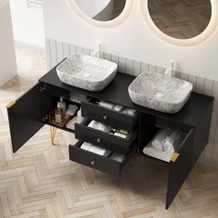 GEMA 60" Bathroom Vanity with Sinks, Freestanding Plywood Storage Cabinet with Gold Legs, 3 Drawers and 2 Doors, 2 White Marble Pattern Ceramic Vessel Basins & Sintered Stone Top, Pre-assembled, Black