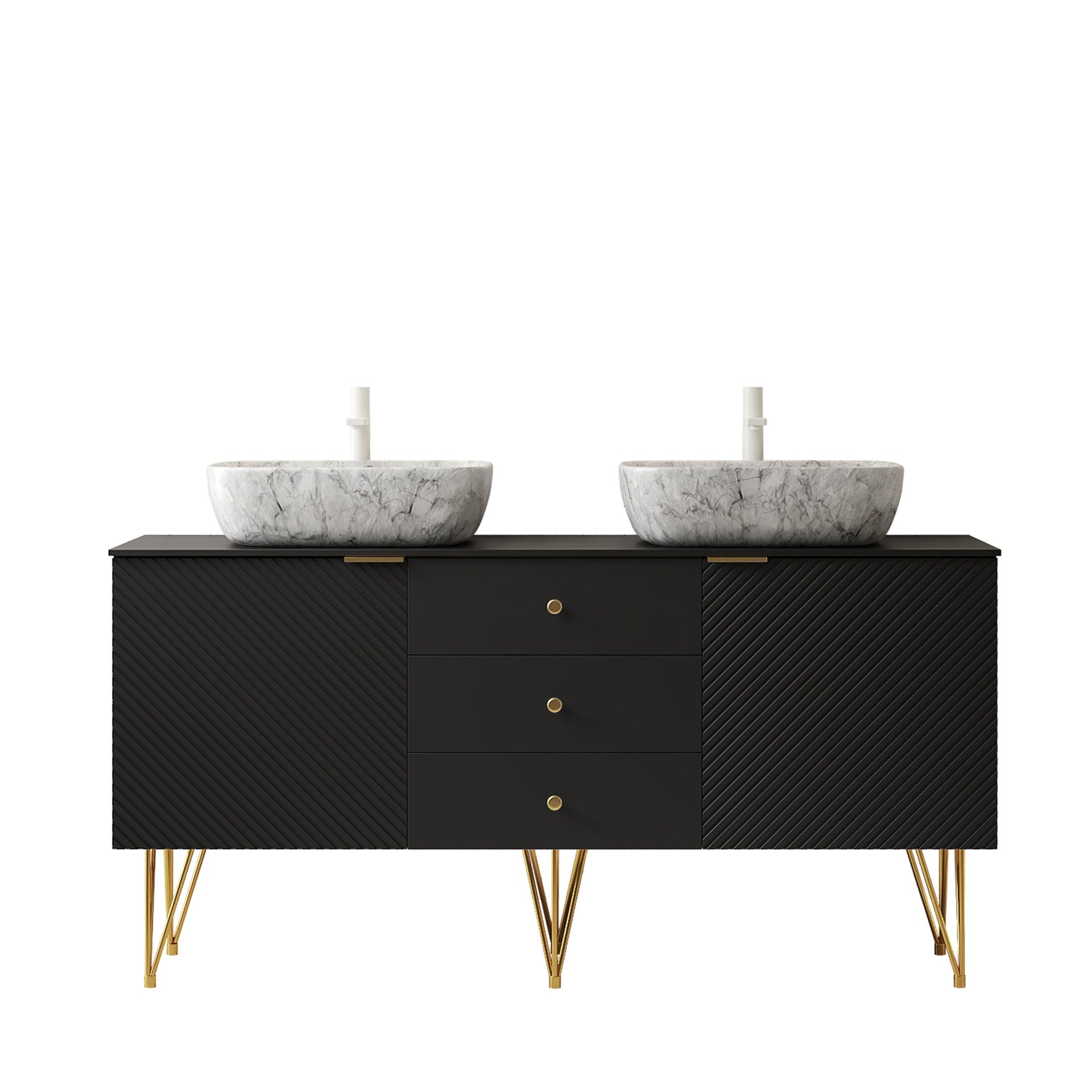 GEMA 60" Bathroom Vanity with Sinks, Freestanding Plywood Storage Cabinet with Gold Legs, 3 Drawers and 2 Doors, 2 White Marble Pattern Ceramic Vessel Basins & Sintered Stone Top, Pre-assembled, Black