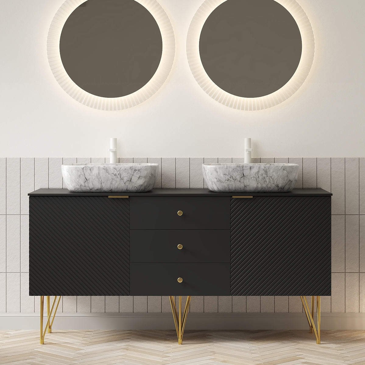 GEMA 60" Bathroom Vanity with Sinks, Freestanding Plywood Storage Cabinet with Gold Legs, 3 Drawers and 2 Doors, 2 White Marble Pattern Ceramic Vessel Basins & Sintered Stone Top, Pre-assembled, Black