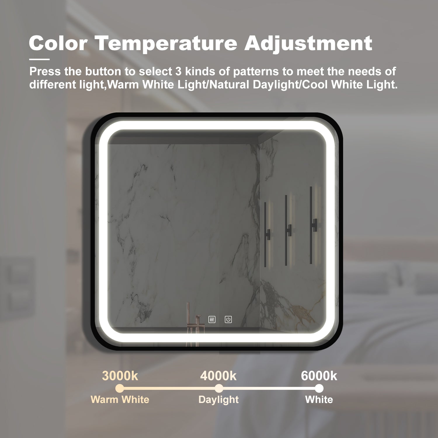 32*32inch Bathroom Led Classy Vanity Mirror with focused backplane,Black aluminum alloy frame,High Lumen,Dimmable Touch,Wall Switch Control, Anti-Fog ,CRI 95 Adjustable 3000K-4500K-6000K ,IP54 Waterpr
