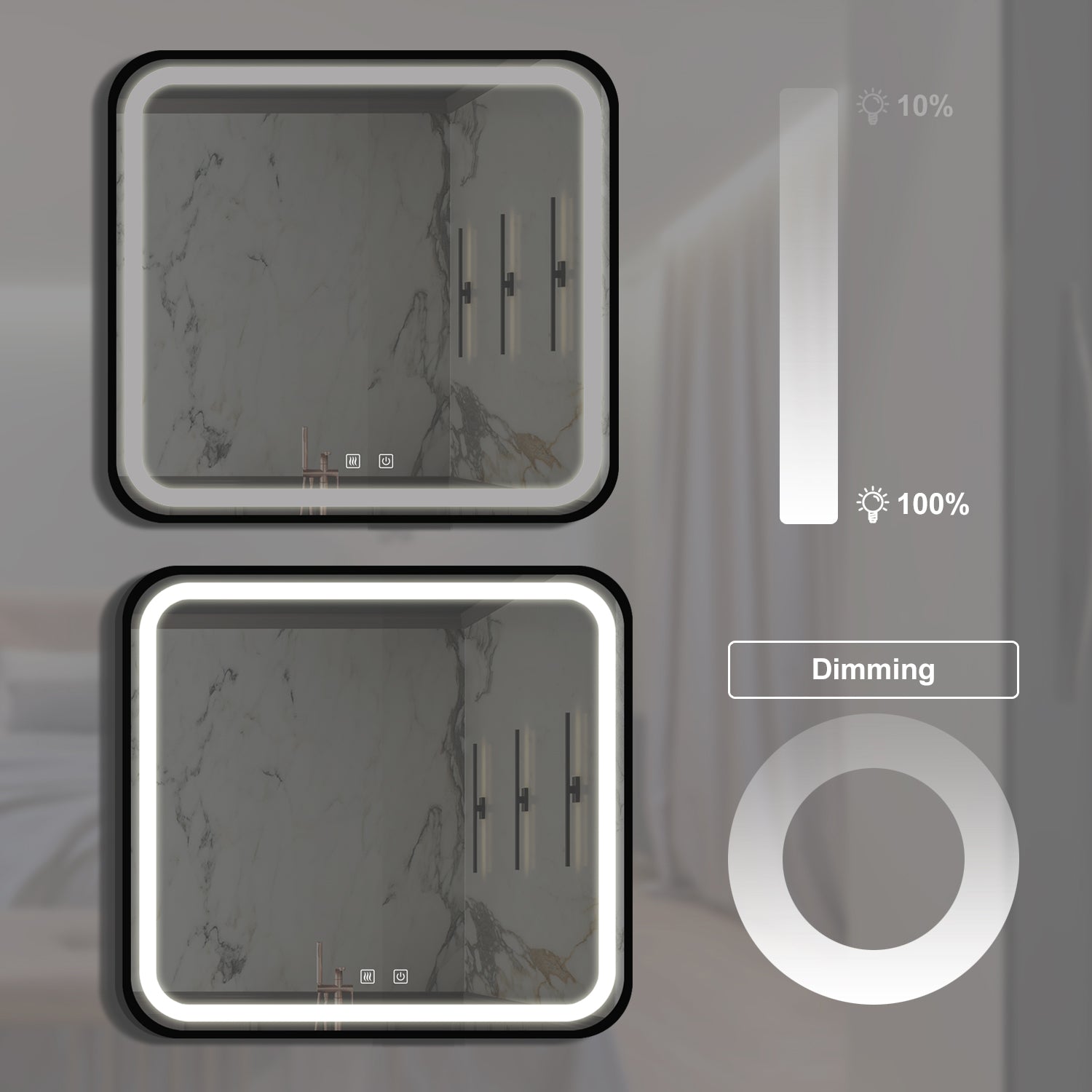 32*32inch Bathroom Led Classy Vanity Mirror with focused backplane,Black aluminum alloy frame,High Lumen,Dimmable Touch,Wall Switch Control, Anti-Fog ,CRI 95 Adjustable 3000K-4500K-6000K ,IP54 Waterpr