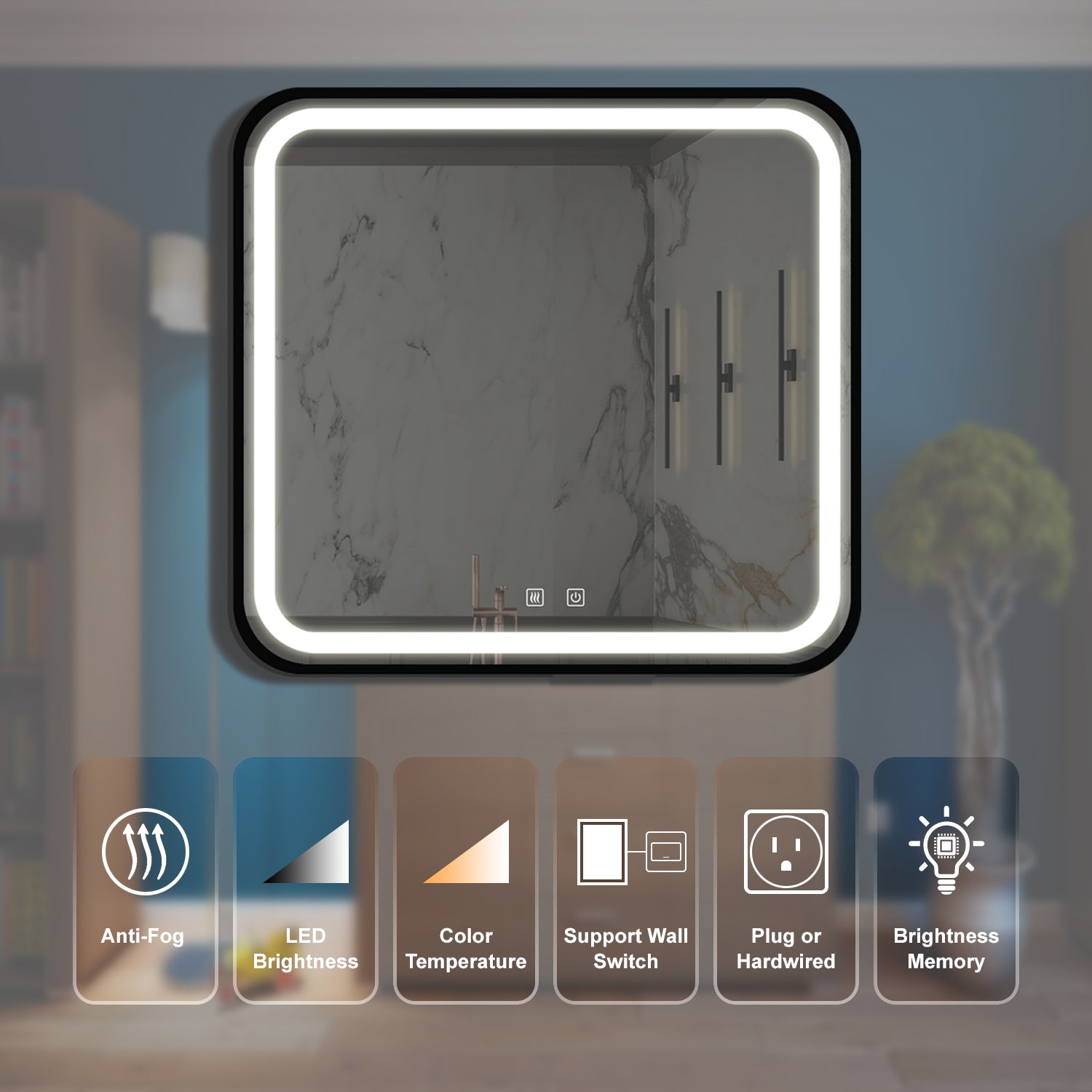 32*32inch Bathroom Led Classy Vanity Mirror with focused backplane,Black aluminum alloy frame,High Lumen,Dimmable Touch,Wall Switch Control, Anti-Fog ,CRI 95 Adjustable 3000K-4500K-6000K ,IP54 Waterpr