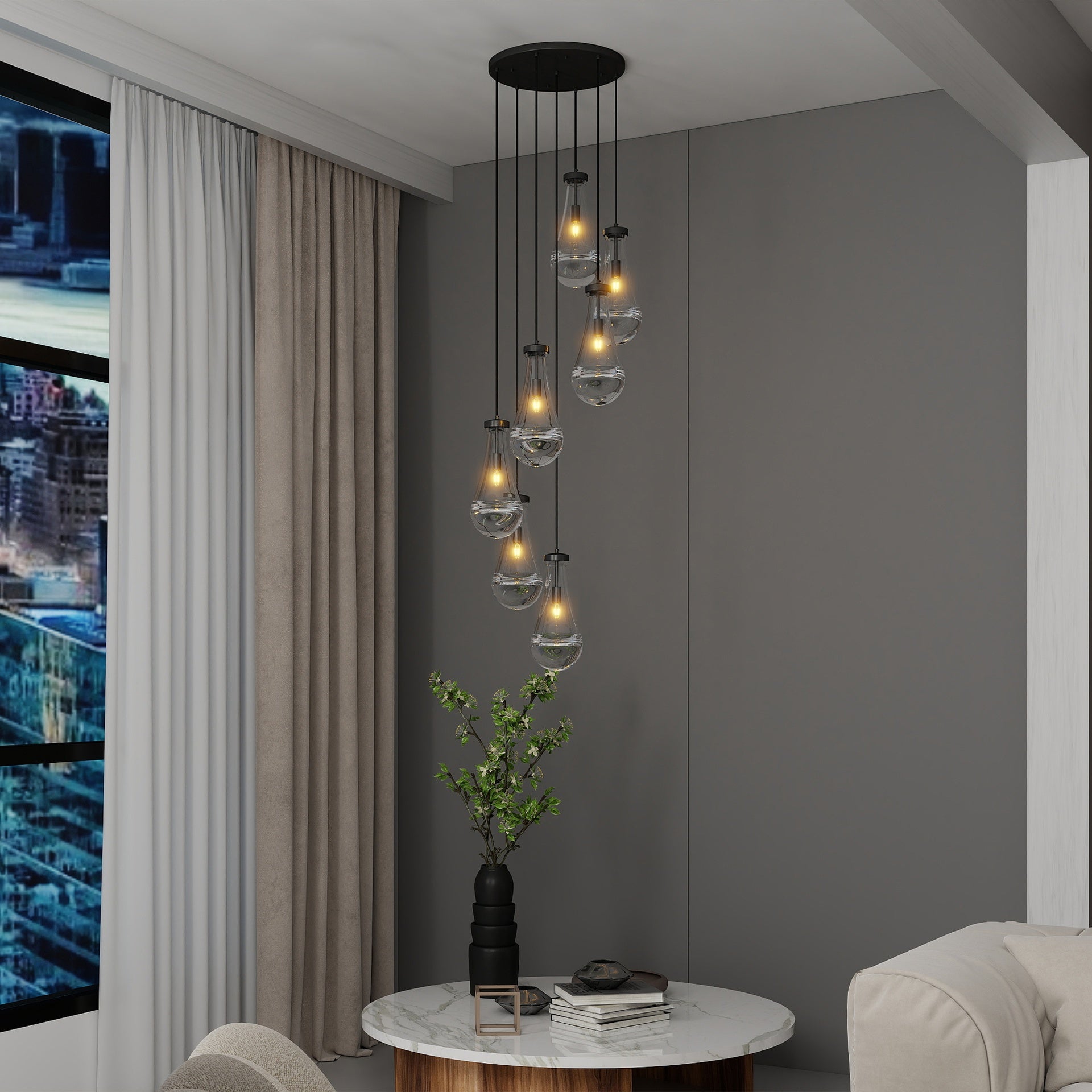 7 Light Dining Room Pendant Light, Large Chandelier Adjustable Hanging Line, Black Living Room Pendant Light, Foyer Chandelier, Stairwell Pendant Lights, Bedroom Chandeliers